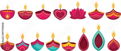 "Set of Colorful Decorative Diwali Diyas in Various Shapes and Designs with Lit Flames for Festival of Lights and Home Decorations"