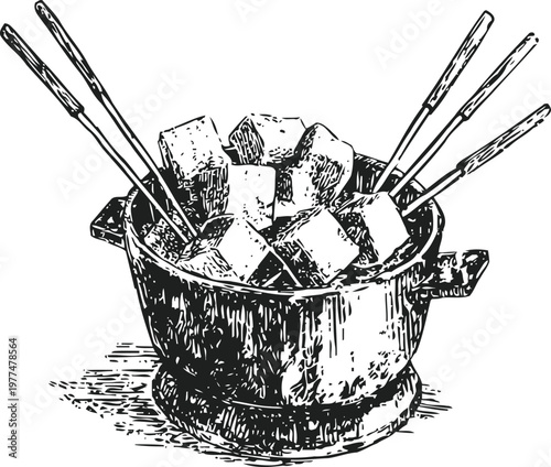 fondue pot with cheese cubes and forks for dipping traditional swiss melted cheese dish in cooking pot