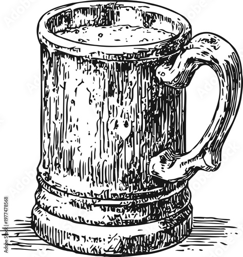Vintage wooden beer mug filled with frothy beverage hand drawn rustic tankard with detailed texture and handle