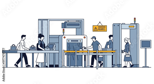 Airport security check, passengers and staff at scanning equipment, travel safety concept illustration