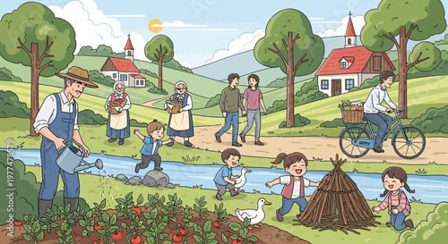 Rural Village Life: Diverse People Enjoying Nature, Farming, and Outdoor Activities