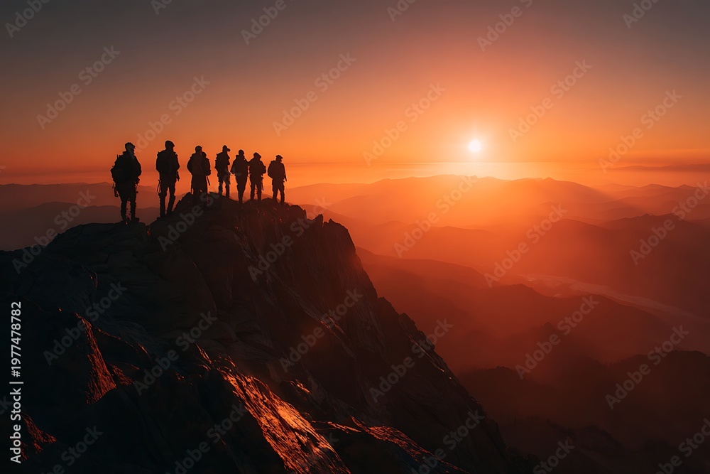Fototapeta premium Group of men in a circle at a sunrise hike
