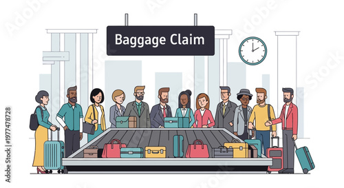 Diverse group of people waiting at baggage claim carousel in airport terminal