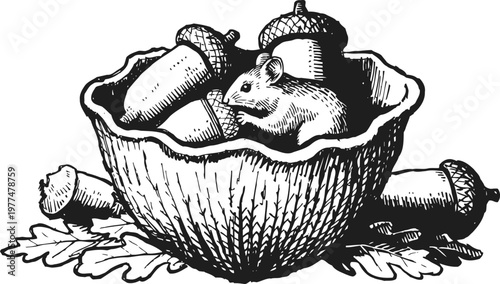 Woodcut illustration of a mouse nestled inside an acorn cup with multiple acorns and oak leaves