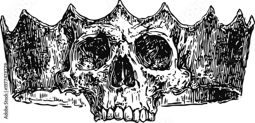 Hand drawn skull wearing a jagged crown horror gothic illustration, dark fantasy design, vintage horror tattoo