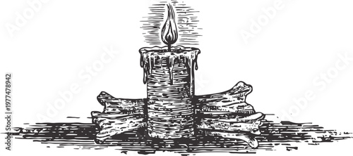 Lit candle on pile of firewood twigs with flame burning in dark environment