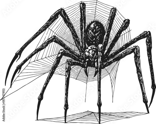 Black spider with long legs sitting on a detailed spider web illustration