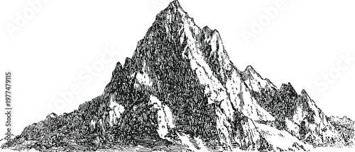Detailed black and white ink drawing of a rugged mountain peak with surrounding rocky terrain