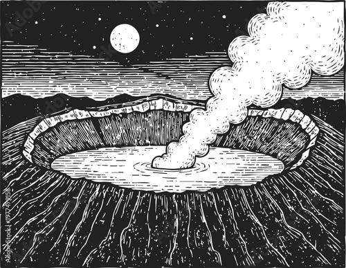 Volcano crater with smoke rising under night sky, lunar landscape, black and white engraving illustration