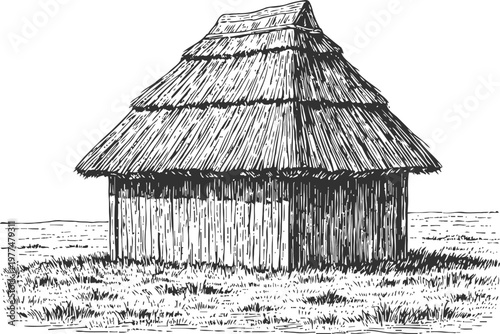 traditional thatched roof hut standing in grassy field sketch rural wooden construction with straw roof