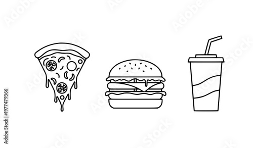 Modern flat outline icons of pizza, burger, and soda cup for digital food design