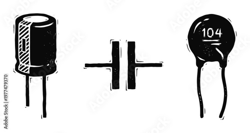 Capacitors sketch drawing set isolated on transparent background, electronic component vector illustration