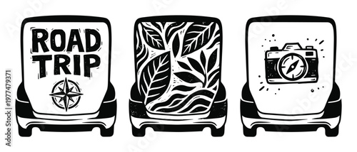 Car rear window decal designs for travel featuring road trip text nature leaves and camera compass graphics