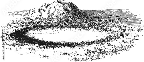 Ancient stone circle and standing rocks surrounded by grassland landscape illustration
