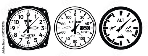 Collection of altimeter gauge icons for aviation and flight altitude measurement