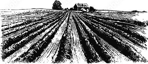 plowed agricultural field with farmhouse and trees in black and white rural landscape