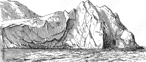 Vintage engraving of a large iceberg floating in calm ocean waters near mountainous icy terrain