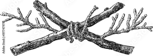 Rustic wooden branches tied together with rope natural texture, rough bark and intertwined twigs with coarse fiber binding