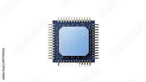 Blue Circuit Board Chip with Gold Pins and Metallic Connectors