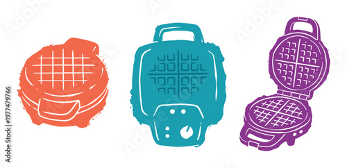 Collection of three colorful waffle makers in different shapes and positions isolated
