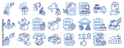 Logistics and Supply Chain Icon Set. Line Color Style Icons Including Marketing, Campaign, Product Delivery, Sales, Promotion, Customer, Feedback, Data Report, Data Analysis, Logistics, Transport