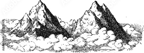 Hand drawn vintage mountain landscape with clouds, rugged peaks silhouette, natural scenery sketch
