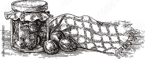 Hand drawn illustration of jam jar with cloth cover and three plums on a checkered cloth