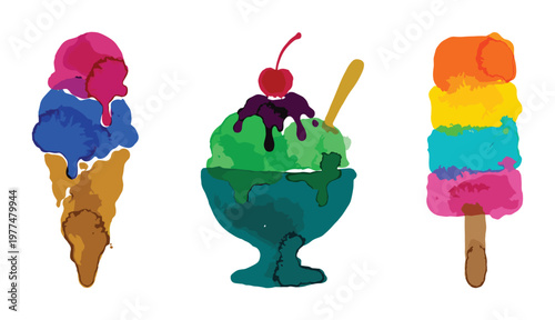 Colorful collection of sweet frozen desserts including ice cream and popsicle