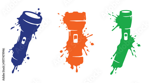 Colorful flashlight silhouettes with artistic paint splash effect and decorative splatter vector elements set