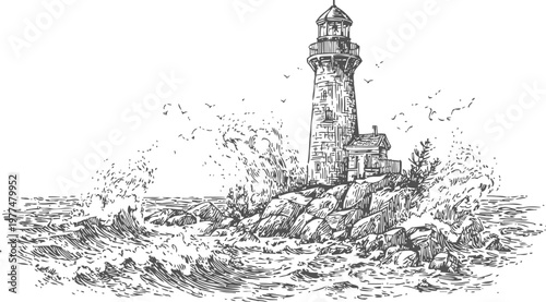 Hand drawn lighthouse on rocky shore with crashing ocean waves and flying seagulls