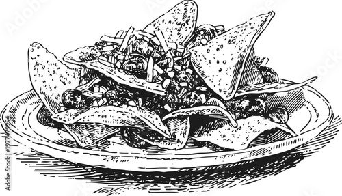 Plate of nachos with melted cheese and toppings mexican snack food, savory appetizer with tortilla chips