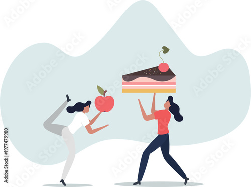 Two women with different food. Balanced diet and unhealthy nutrition .flat vector illustration.person's life situation and his activities.