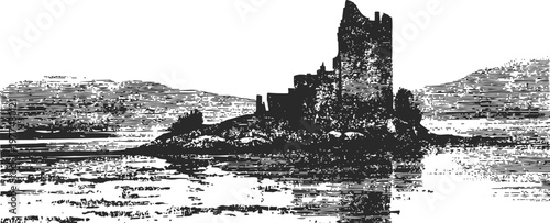 ruined medieval castle on rocky island surrounded by water and mountainous background silhouette