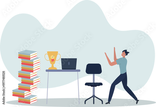 Achievements unlocked and successful business award.Businessman or manager standing with gold prize as financial motivation and target.person's life situation and his activities.