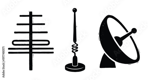 Communication antennas and satellite dish silhouettes for broadcast signal and data transmission vector set