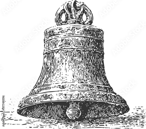 Large detailed vintage bell with clapper, engraved metal surface, antique design illustration