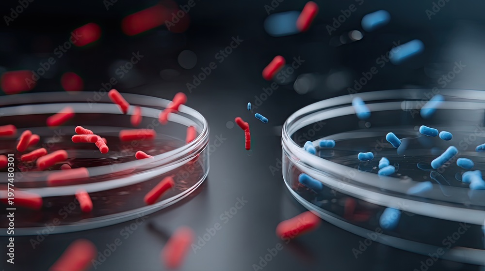Obraz premium Colorful virus cells in petri dishes on a dark background for promotional imagery and television ad concept