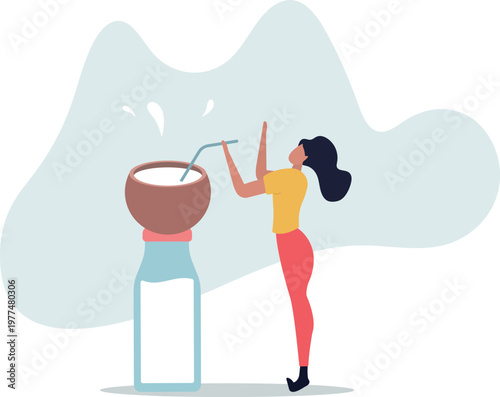 Woman with coconut milk. Delicious and healthy food, taking care of your health.person's life situation and his activities.