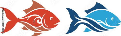 Two stylized fish, one red and one blue, with decorative patterns