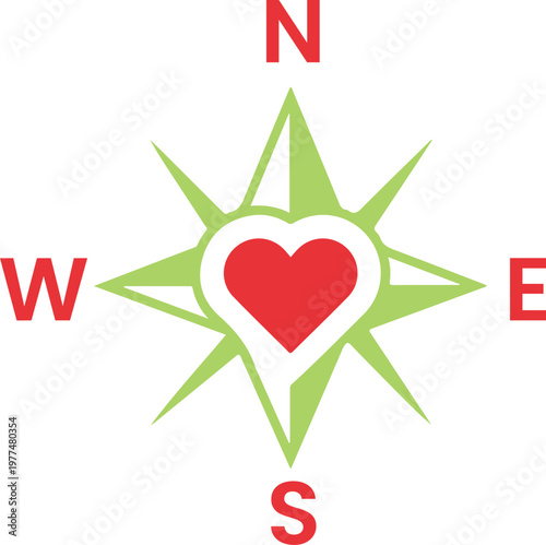Compass rose with a heart at the center, indicating directions