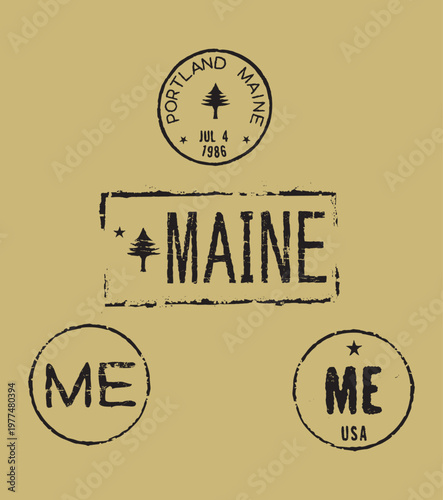 Set of four postage stamps titled ''Portland, Maine, USA'', laid on a khaki background; two stamps prominently feature "ME''.