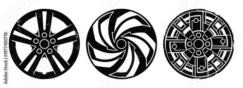 Creative automotive wheel rim collection featuring three unique spoke patterns in a high contrast black style