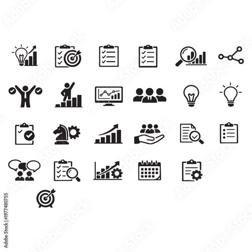 Modern Business Strategy & Action Planning Blue Monochrome Vector Icon Set