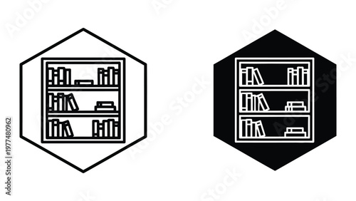 Two contrasting hexagonal icons depicting bookshelves with different background styles