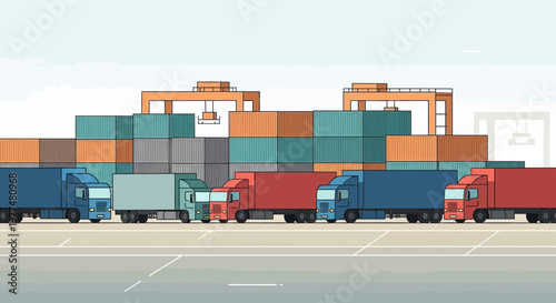 Shipping Trucks and Cargo Containers at Port Terminal