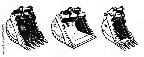 Excavator bucket set with teeth and heavy duty construction for digging earth and mining industry