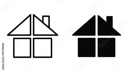 Contrast between outline and filled geometric house designs with windows and roofs