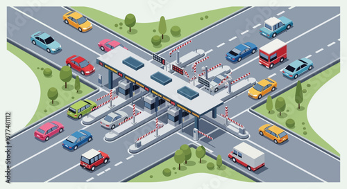 Busy Toll Booth Intersection with Cars and Barriers - Isometric View