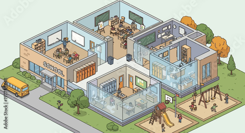 Isometric School Building with Classrooms, Playground, and School Bus