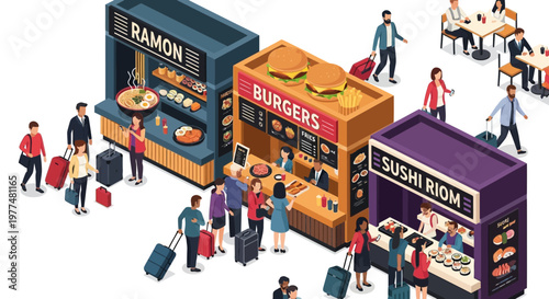 Diverse Food Stalls & People with Luggage at Outdoor Market